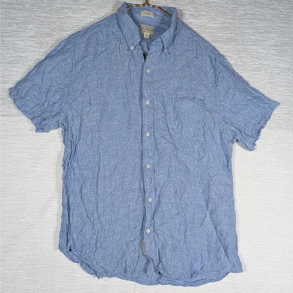J. Crew Linen Button Down Shirt Mens Large Blue Short Sleeve Shirt - Picture 1 of 5